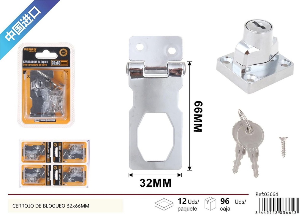 Cerrojo de bloqueo plata con llave 32x66 mm para seguridad