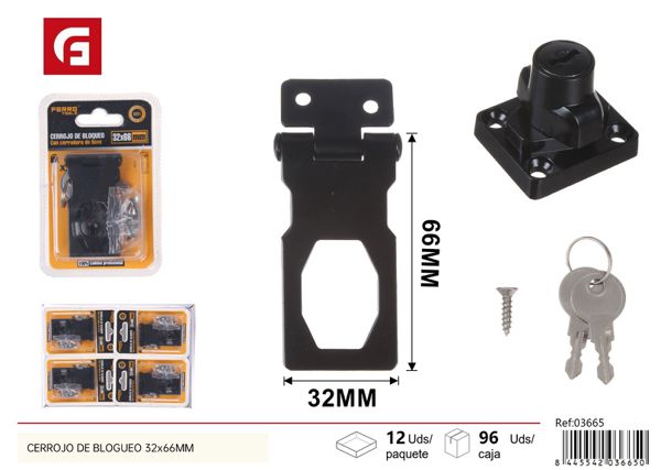 Cerrojo de bloqueo negro con llave 32x66mm para puertas