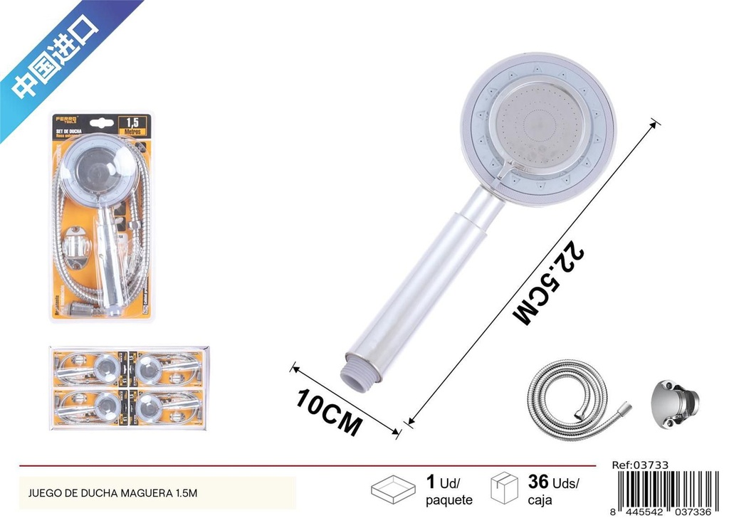 Set de ducha 1.5 m (3 funciones) con manguera de acero inoxidable desmontable