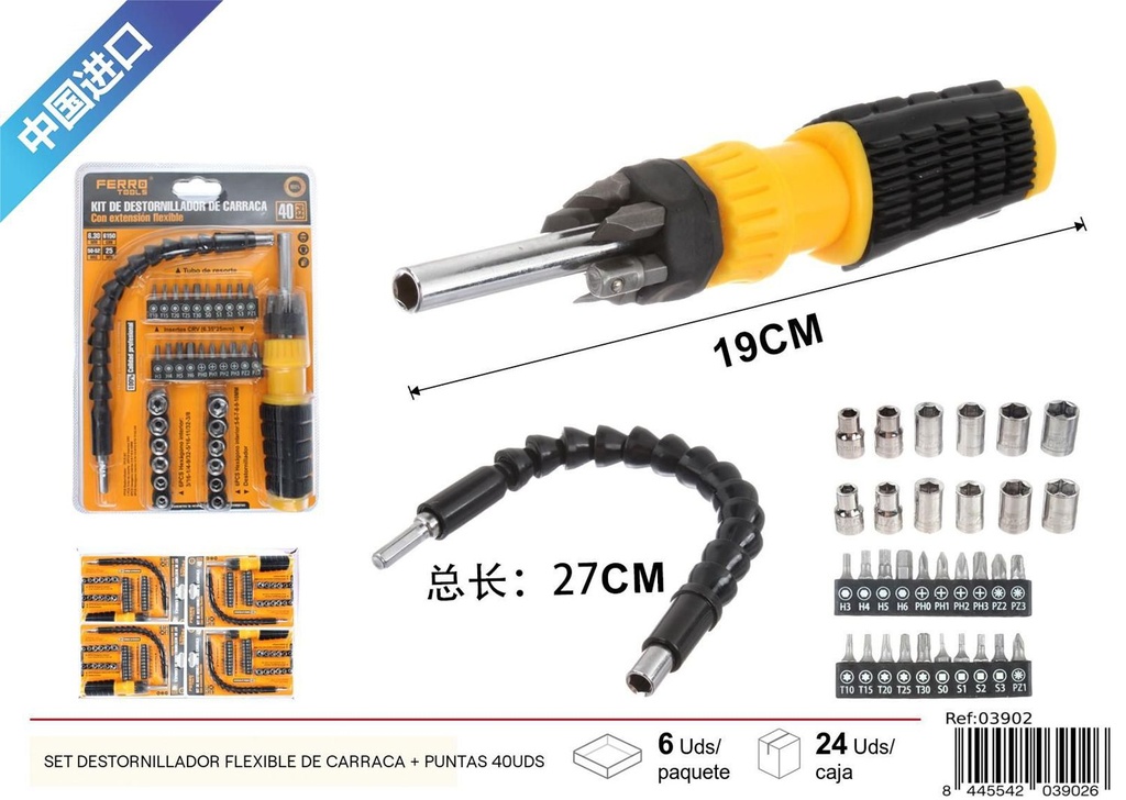 Set de destornillador flexible de carraca + puntas 40uds