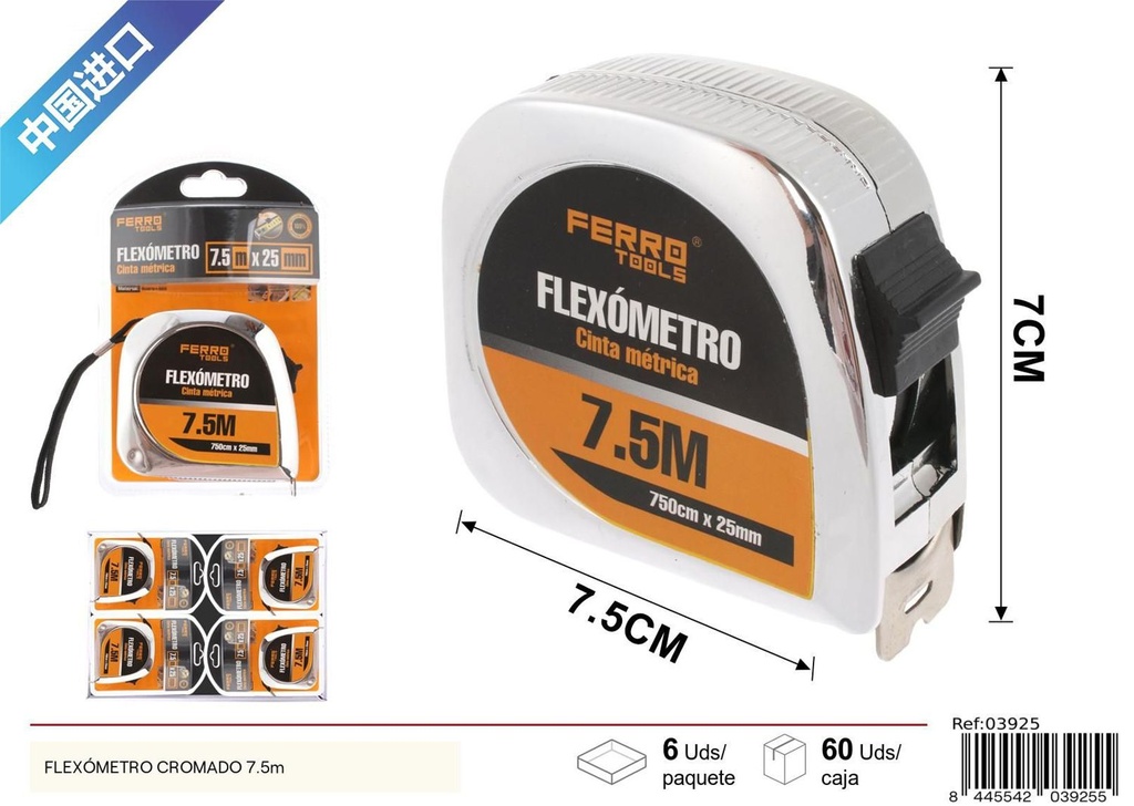 Flextómetro cromado 7.5 m - Herramientas de medida