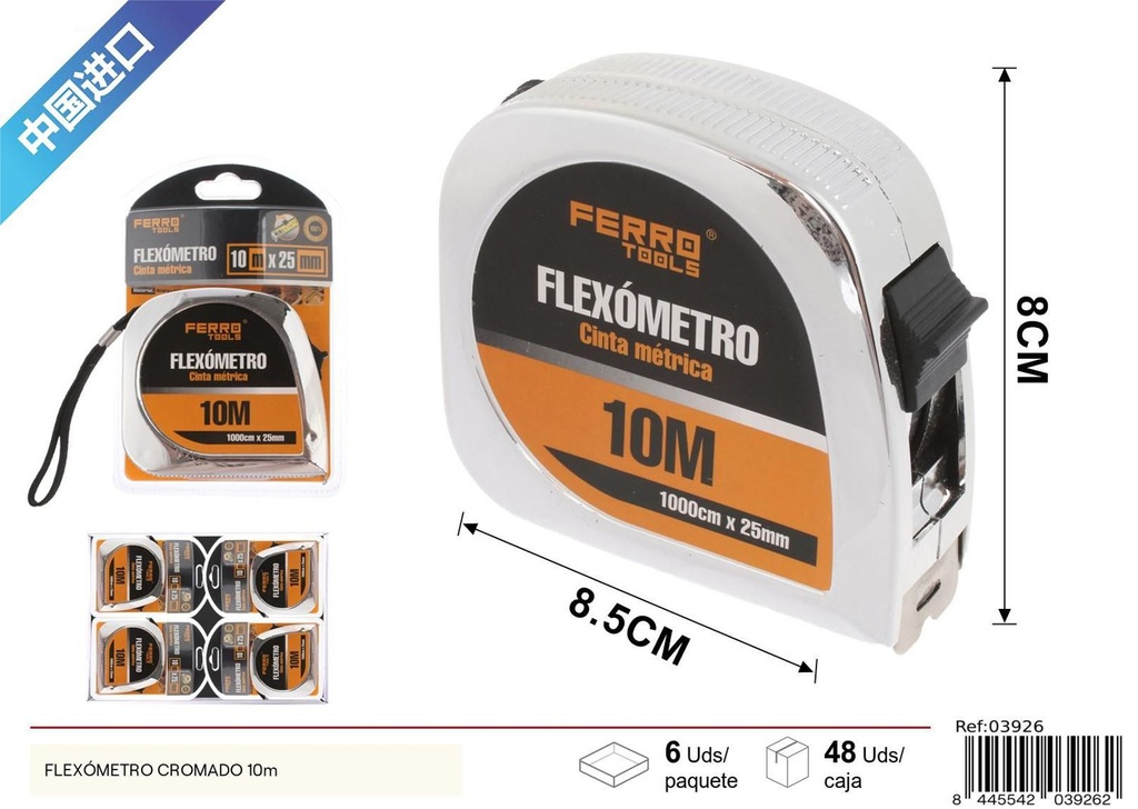 Flexómetro cromado 10 m - Herramientas de ferretería