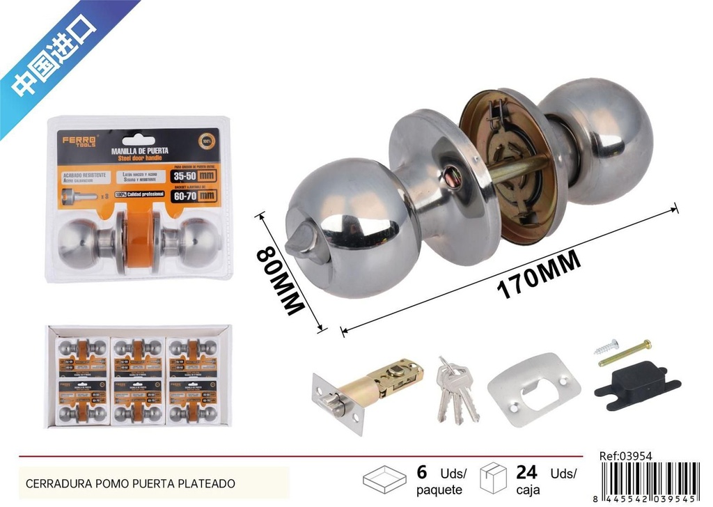 Cerradura de pomo esférica con llave de acero inoxidable para puertas