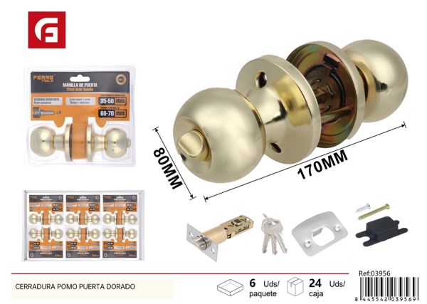 Cerradura pomo dorado para puerta 30x36mm