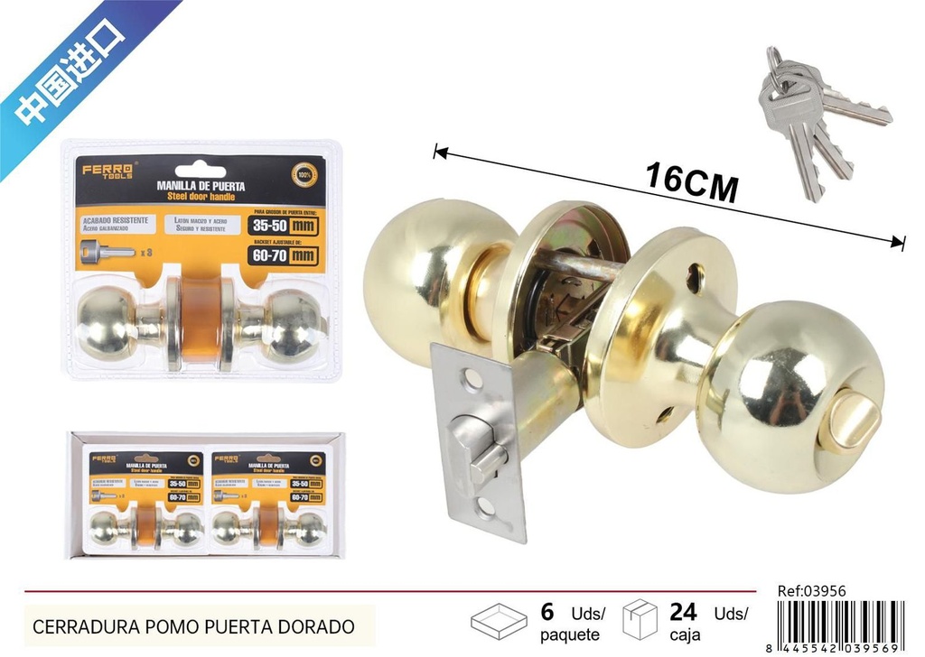 Cerradura pomo dorado para puerta 30x36mm