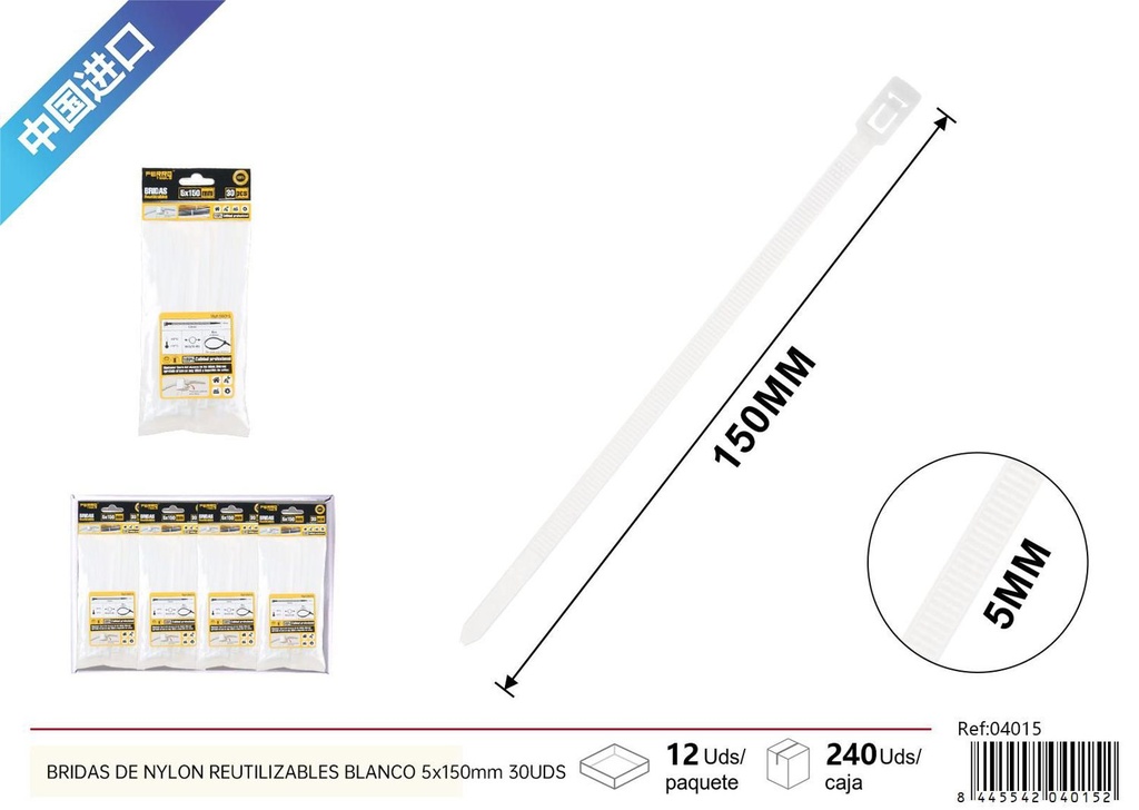 Bridas de nylon reutilizables blancas 5*150mm 30pcs - Ferretería