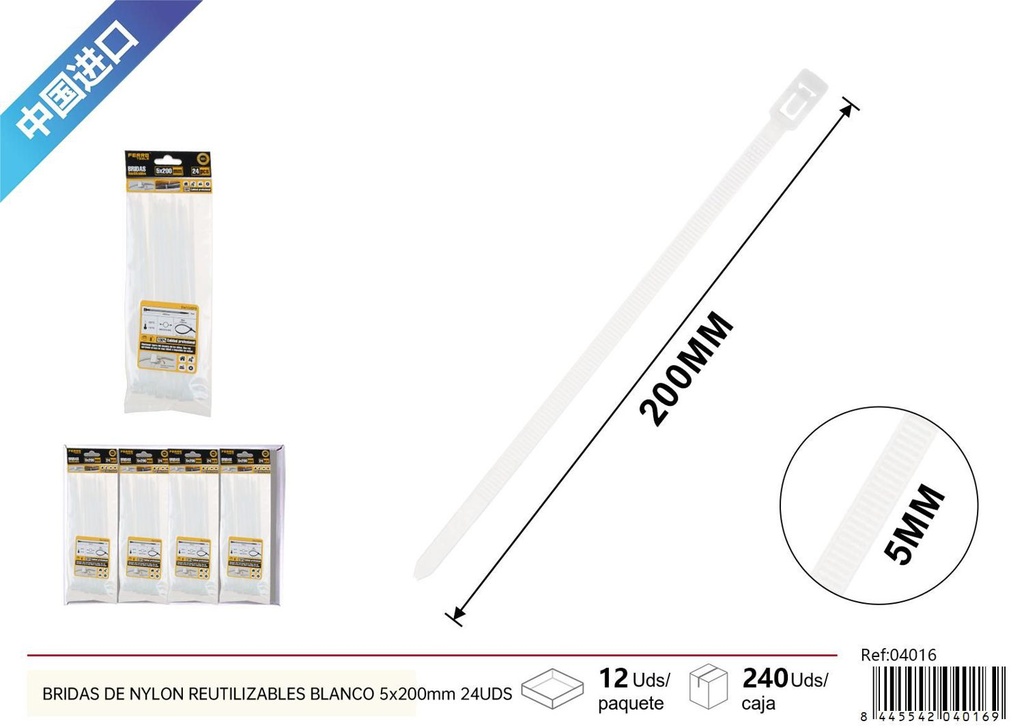 Bridas de nylon reutilizables blancas 5*200 mm 24 piezas - Accesorios de ferretería