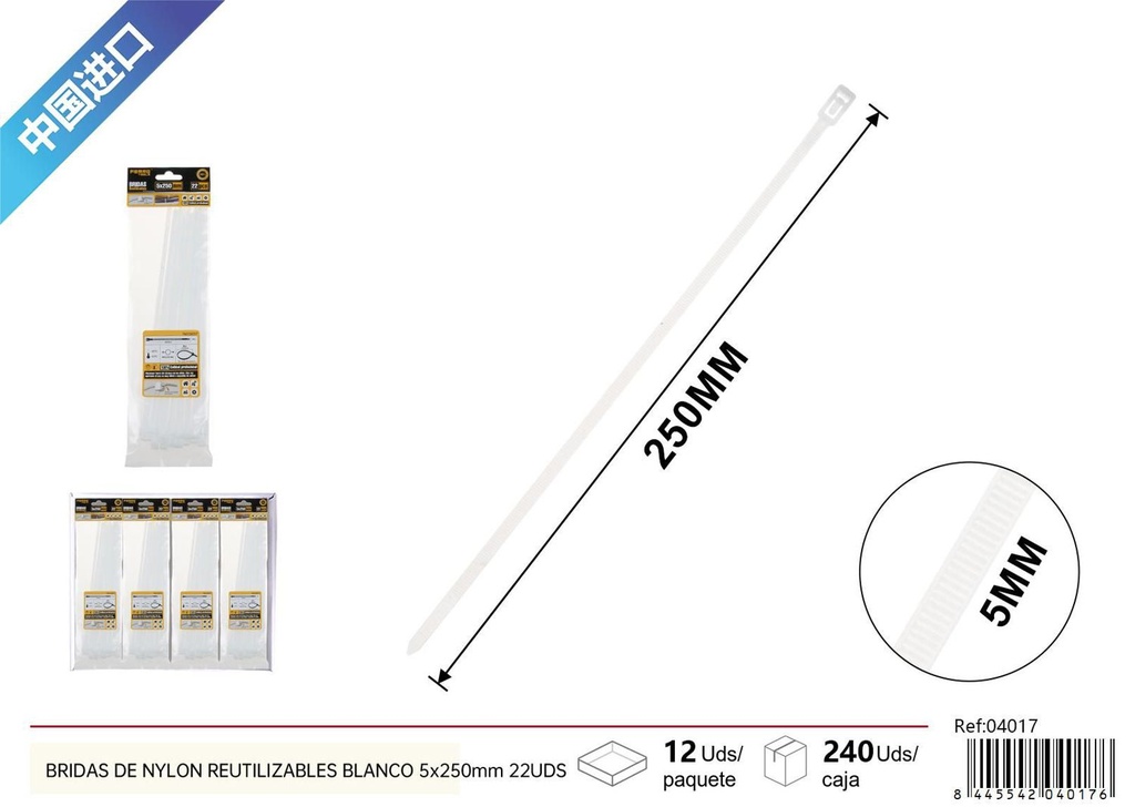 Bridas de nylon reutilizables blancas 5x250mm (22 unidades) - Accesorios de ferretería