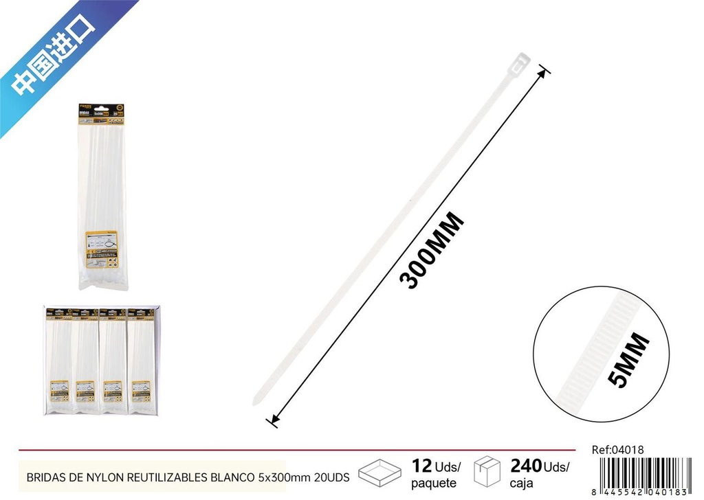Bridas de nylon reutilizables blancas 5*300 mm (set de 20) - Accesorios de ferretería