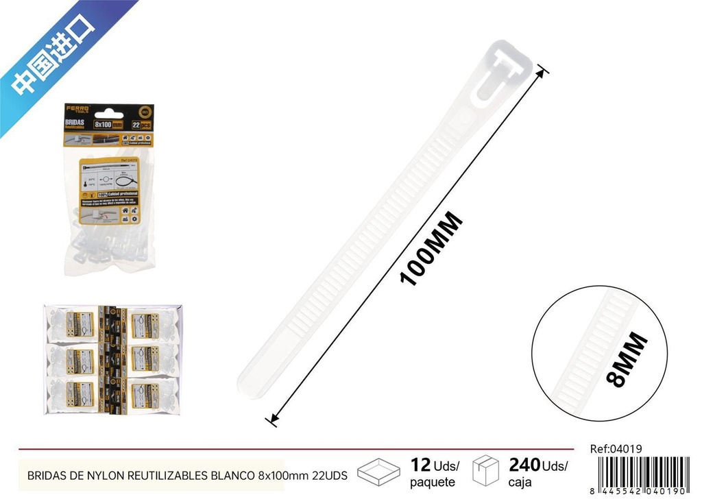 Bridas de nylon reutilizables blancas 8x100mm - 22 UDS, accesorios de ferretería