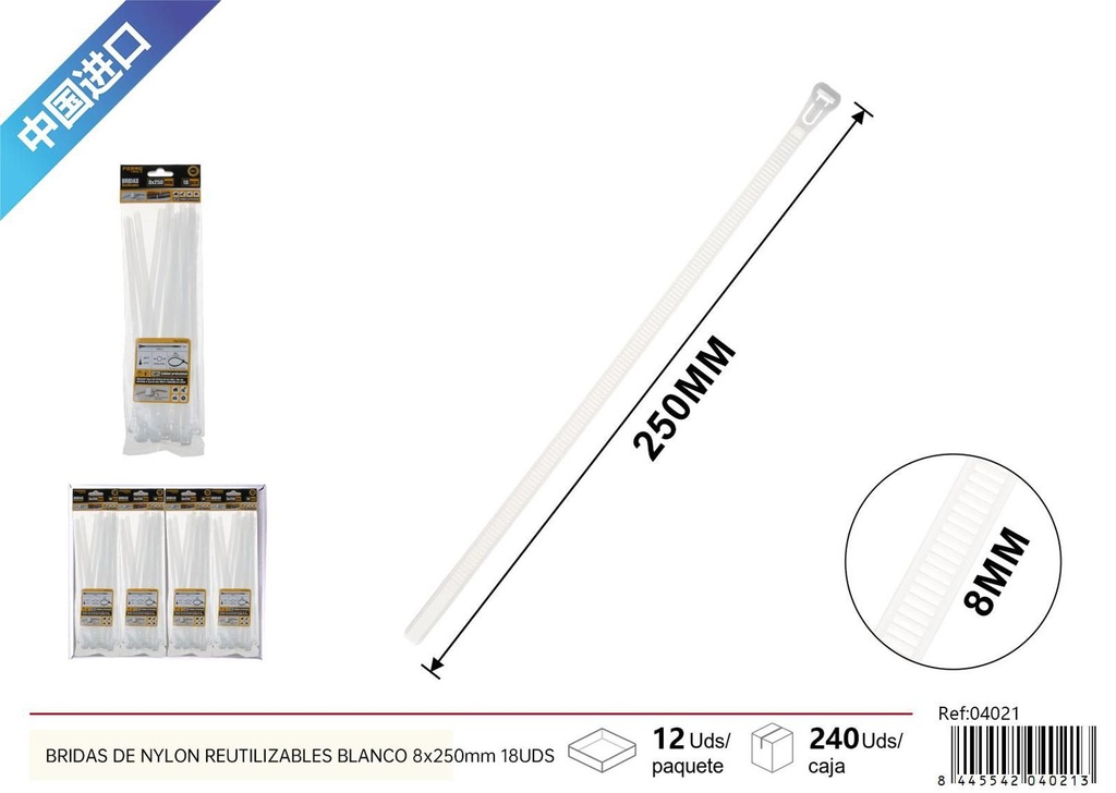 Bridas de nylon reutilizables blancas 8*250 mm 18 piezas - Accesorios de ferretería