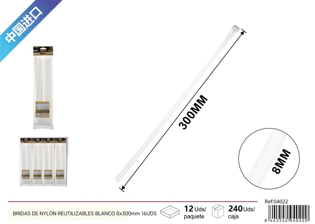 Bridas de nylon reutilizables blancas 8x300mm 16uds para organización y sujeción