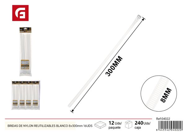 Bridas de nylon reutilizables blancas 8x300mm 16uds para organización y sujeción