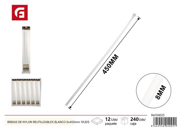 Bridas de nylon reutilizables blanco 8x450mm 10uds para sujeción