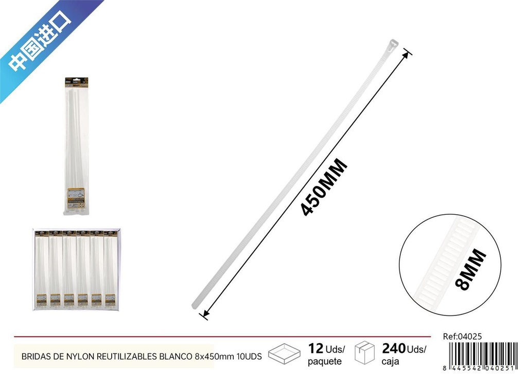 Bridas de nylon reutilizables blanco 8x450mm 10uds para sujeción