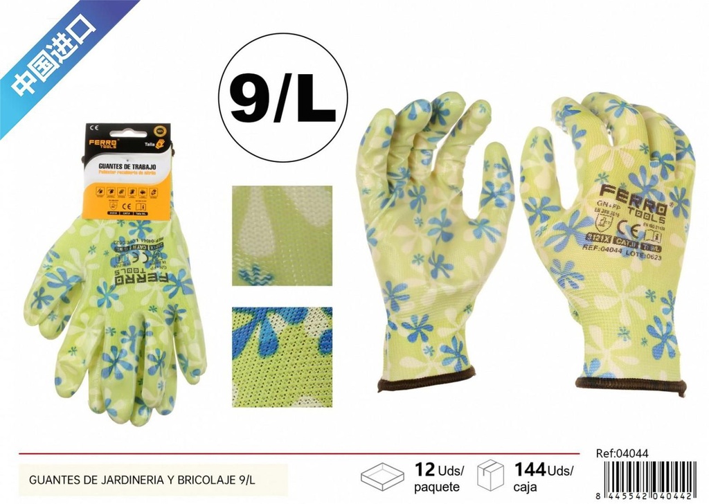 Guantes de jardinería y bricolaje 9/L verdes con estampado para trabajo