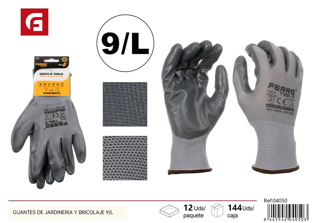 Guantes de jardinería y bricolaje gris, talla 9/L