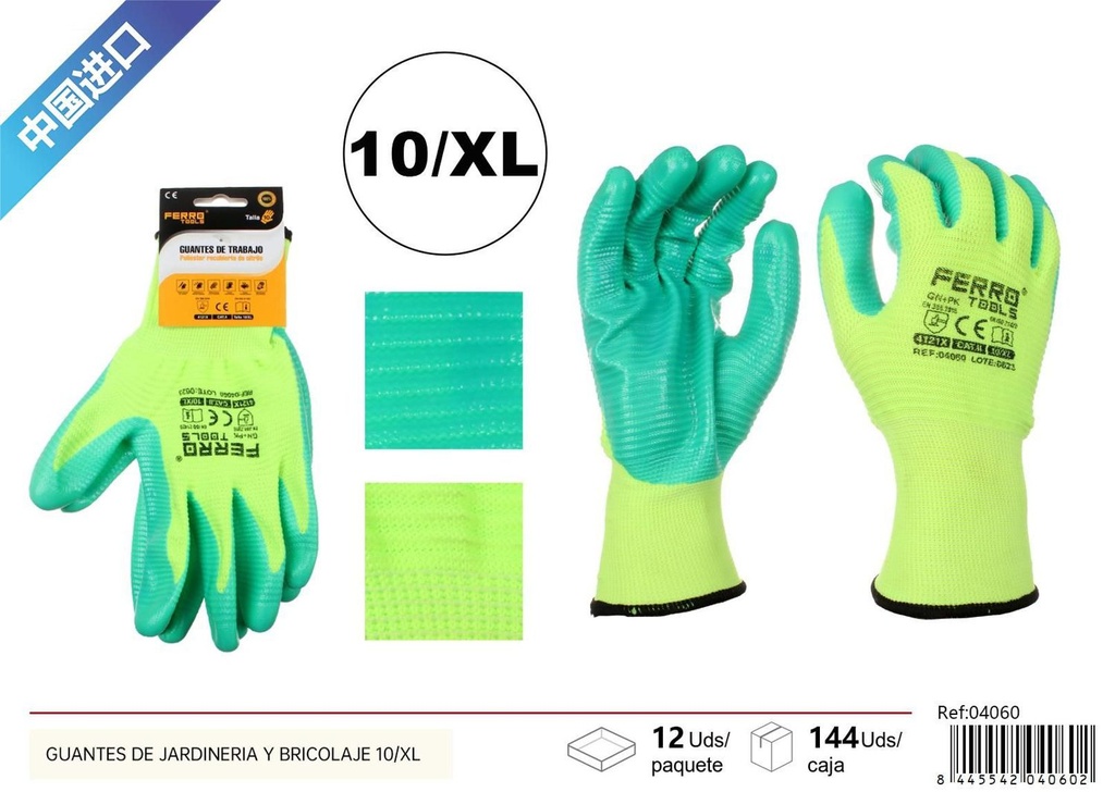 Guantes de jardinería y bricolaje 10/xl gn+p para protección