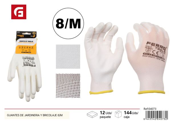 Guantes de jardinería y bricolaje blancos de poliéster con PU talla 8/M