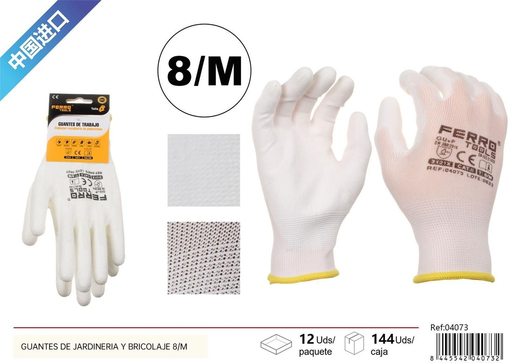 Guantes de jardinería y bricolaje blancos de poliéster con PU talla 8/M