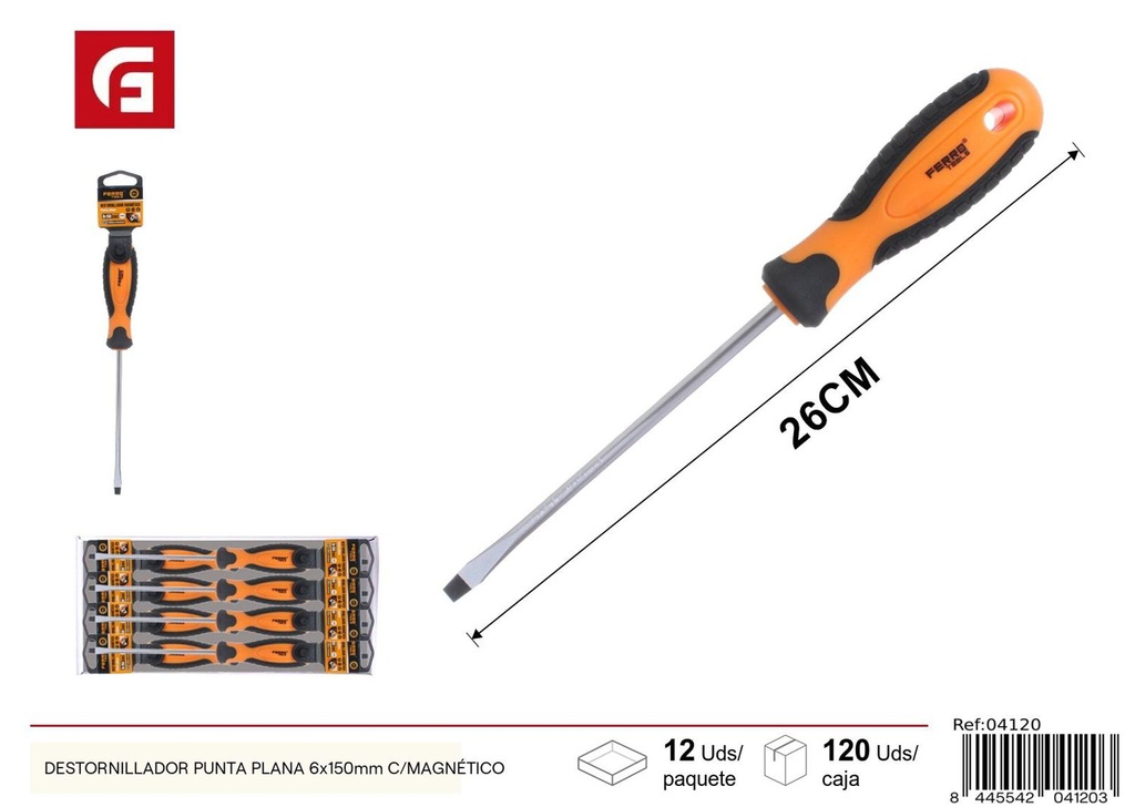 Destornillador punta plana 6x150mm con magnético para bricolaje y reparaciones