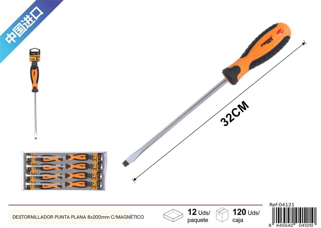 Destornillador de punta plana magnético 8x200mm - Herramientas de ferretería