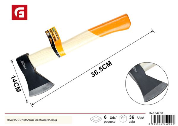 Hacha con mango de madera 500g para cortar y desbastar