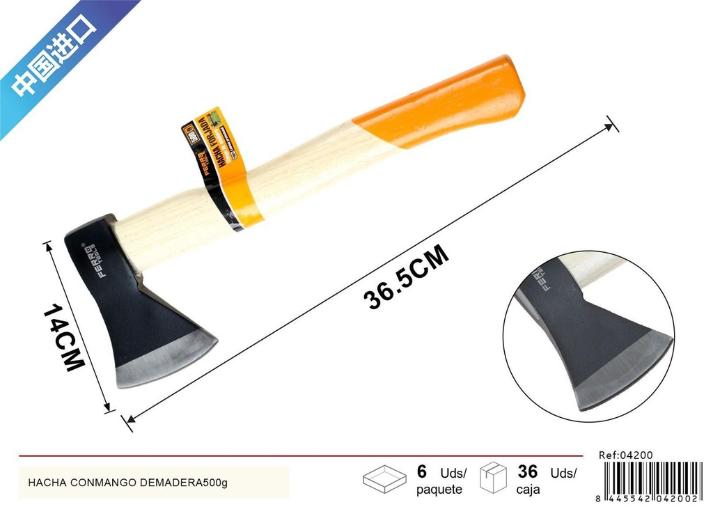 Hacha con mango de madera 500g para cortar y desbastar