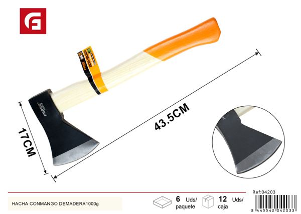 Hacha con mango de madera 1000g para corte de leña