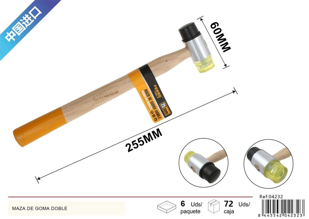 Maza de goma de doble cara con mango de madera 25mm para trabajos manuales