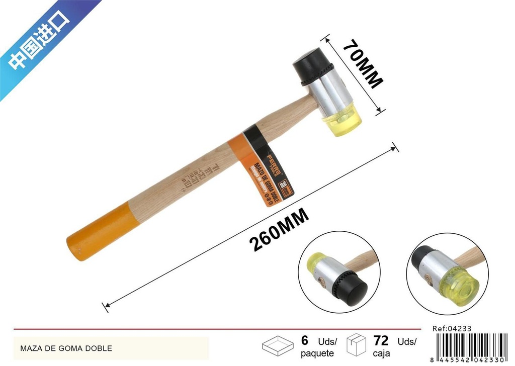 Maza de goma de doble cara con mango de madera 30mm para trabajos delicados