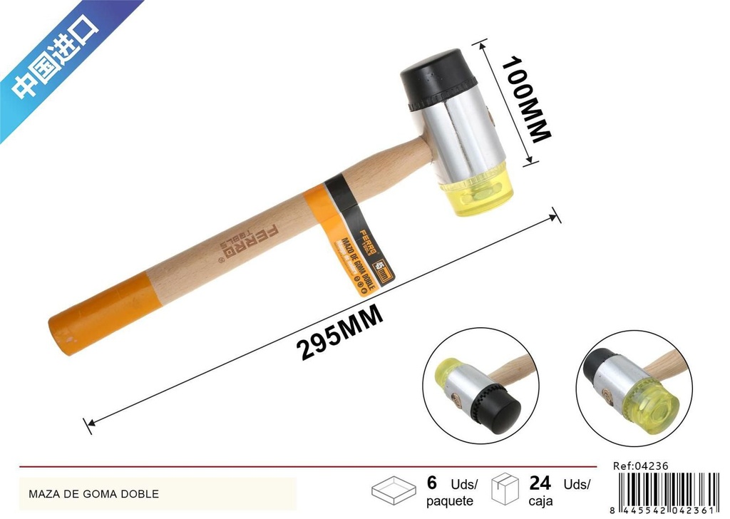 Maza de goma de doble cara con mango de madera 45mm para bricolaje