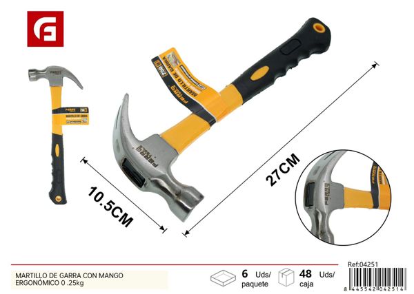 Martillo de garra con mango ergonómico 0.25kg para carpintería