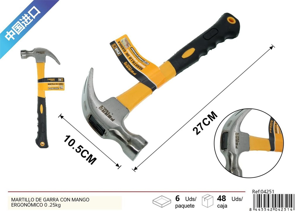 Martillo de garra con mango ergonómico 0.25kg para carpintería