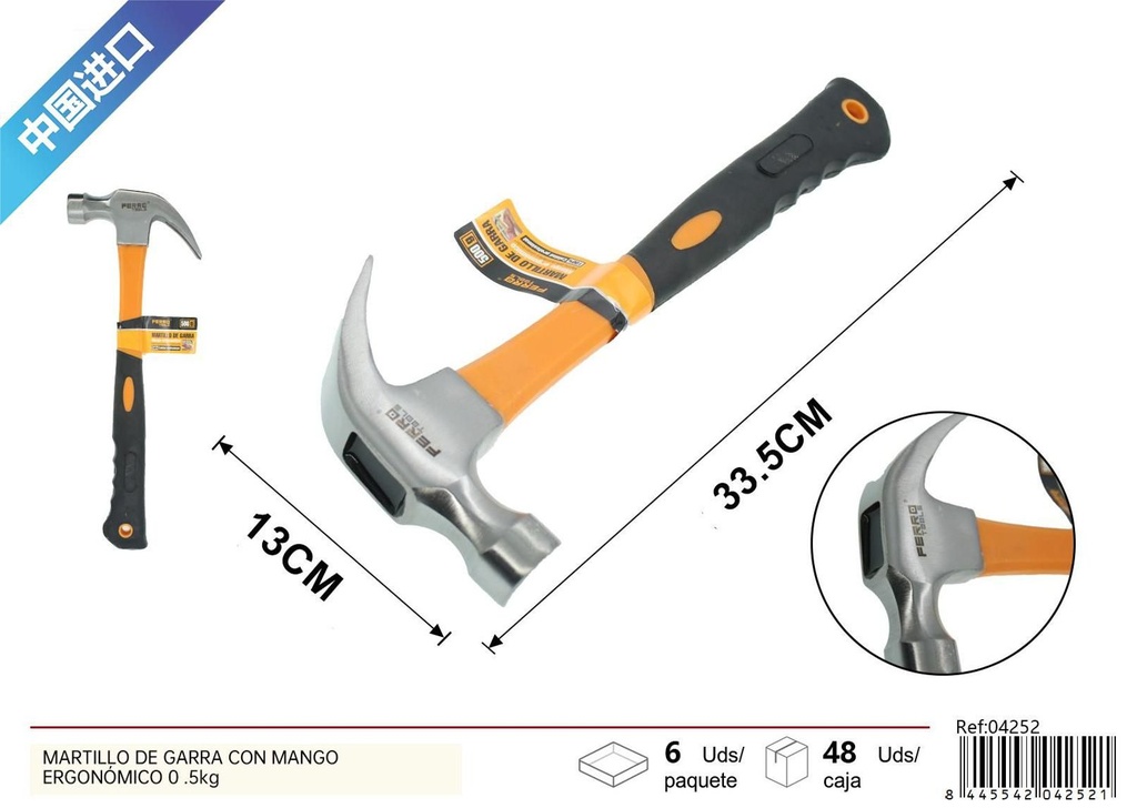 Martillo de garra con mango ergonómico 0.5kg para carpintería