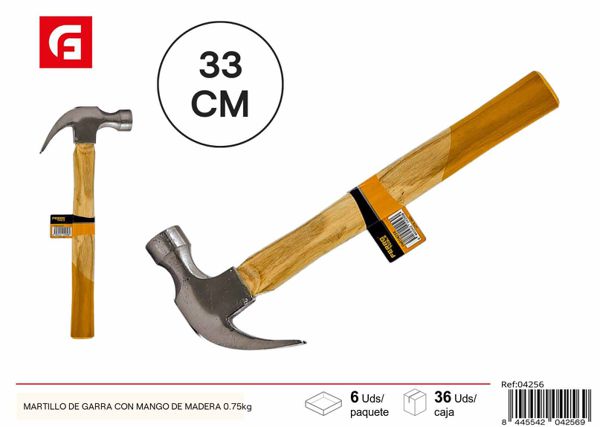 Martillo de garra con mango de madera 0.75kg para construcción