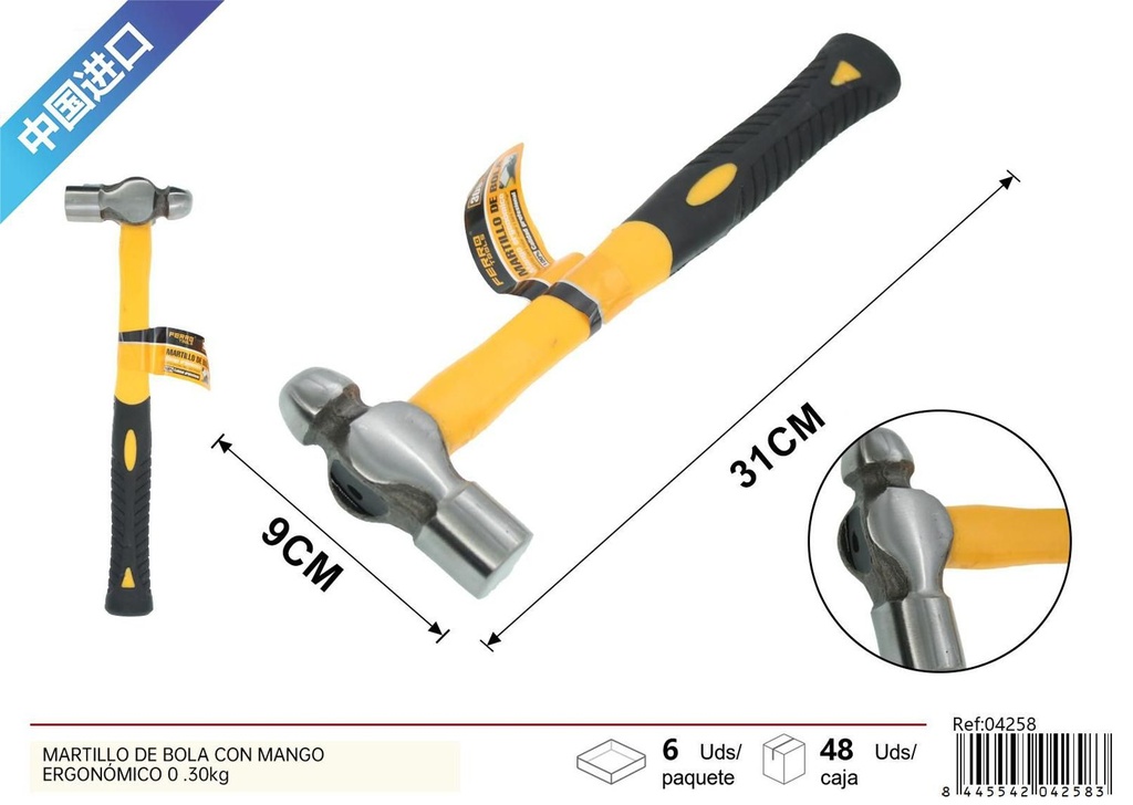 Martillo de bola con mango ergonómico 0.30kg para herramientas