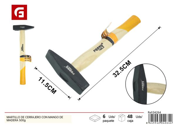 Martillo de cerrajero con mango de madera 500g para trabajos de carpintería y construcción