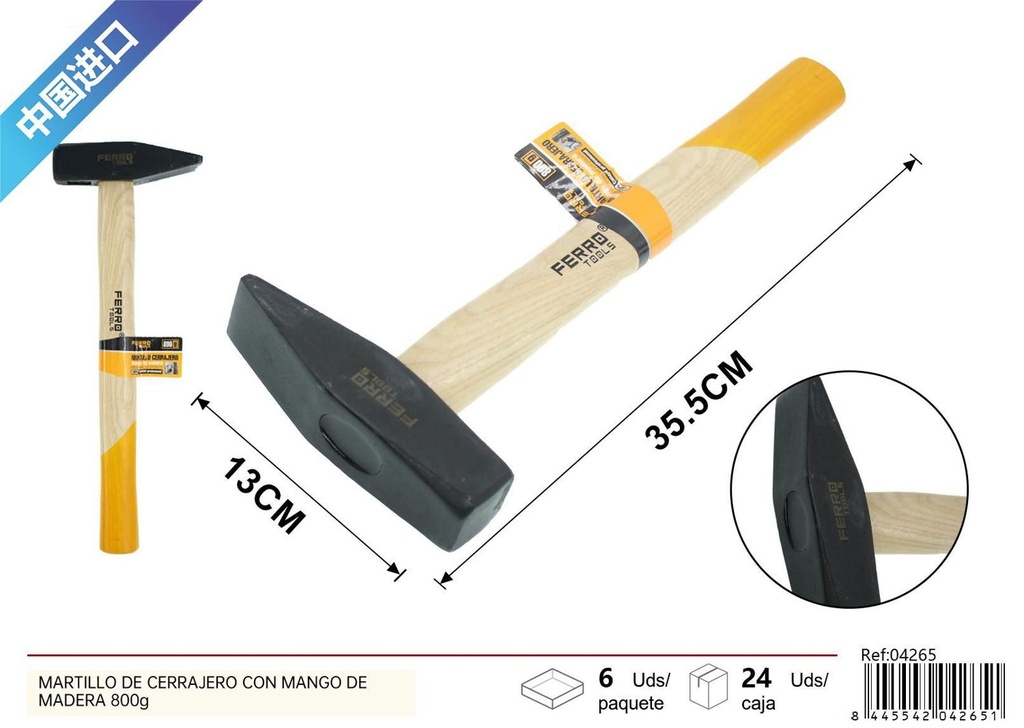 Martillo de cerrajero con mango de madera 800g para ferretería