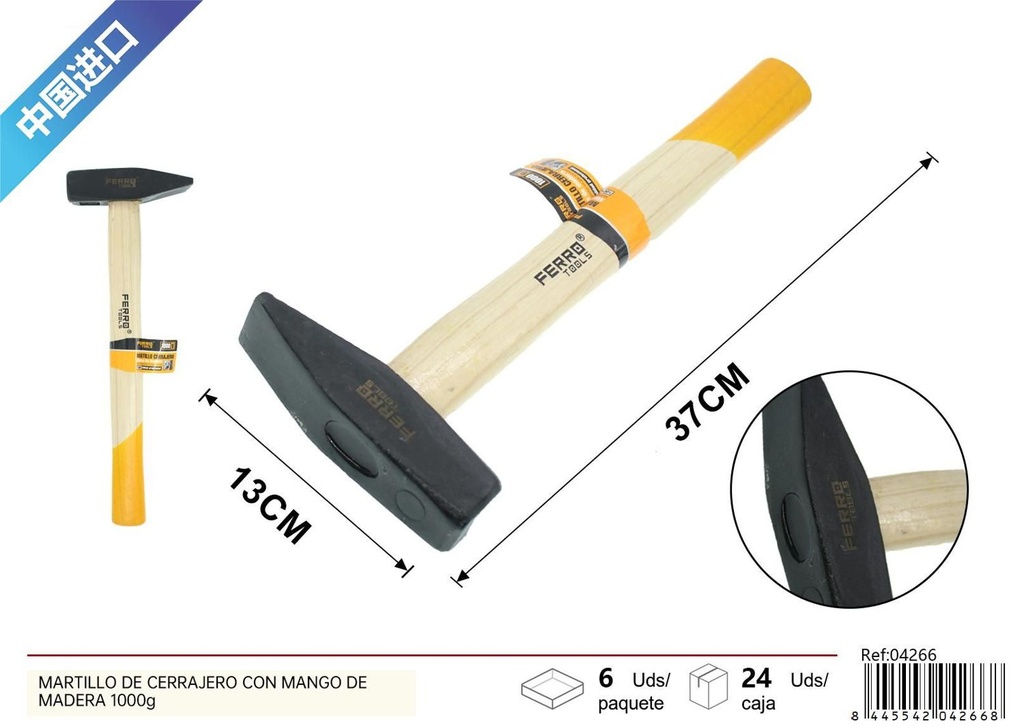 Martillo de cerrajero con mango de madera 1000g - Herramientas de ferretería y construcción