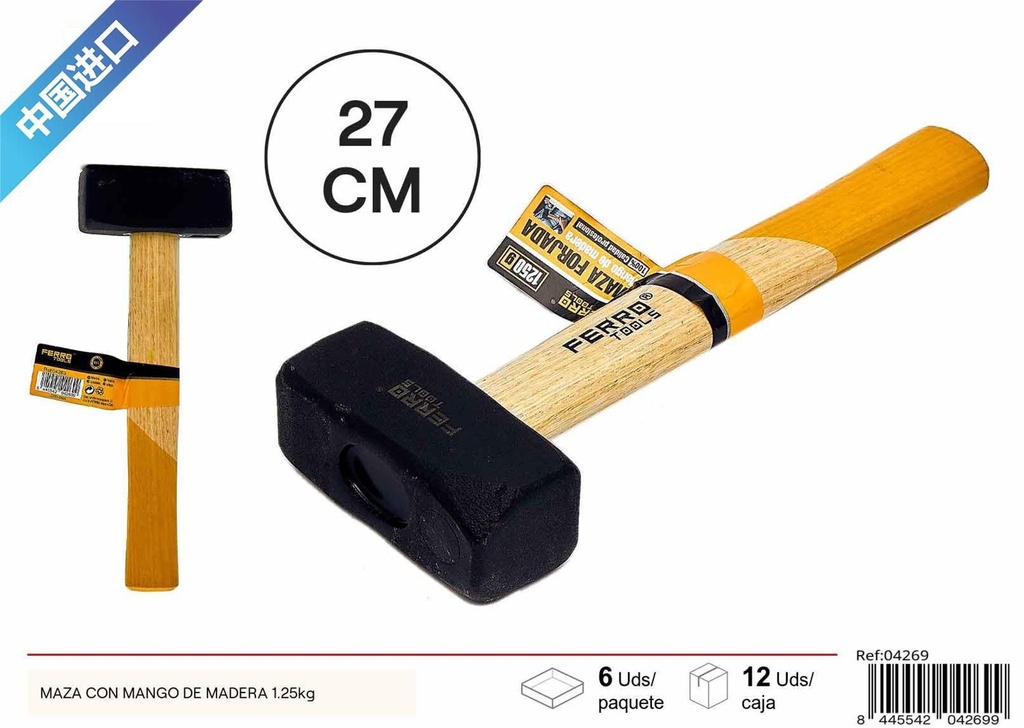 Maza de construcción con mango de madera 1.25kg para herramientas