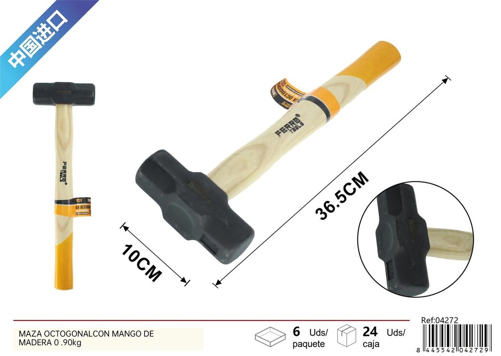 Maza octogonal con mango de madera 0.90kg para trabajos de construcción