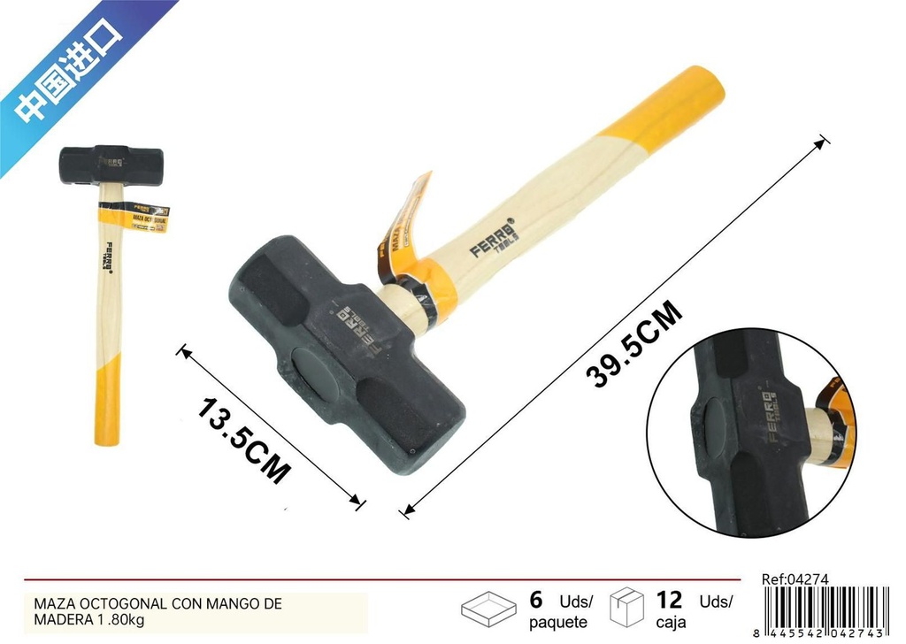 Maza octogonal con mango de madera 1.80kg para construcción