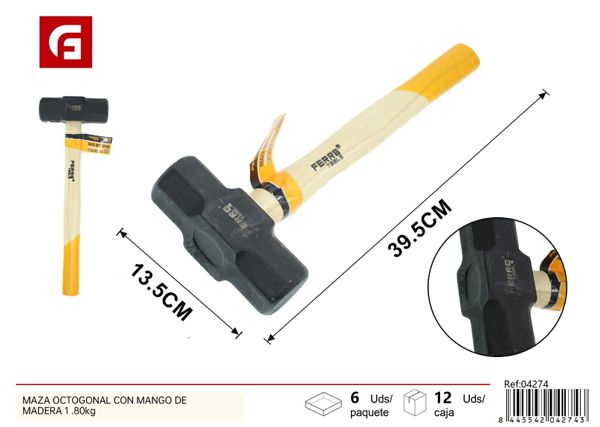 Maza octogonal con mango de madera 1.80kg para construcción