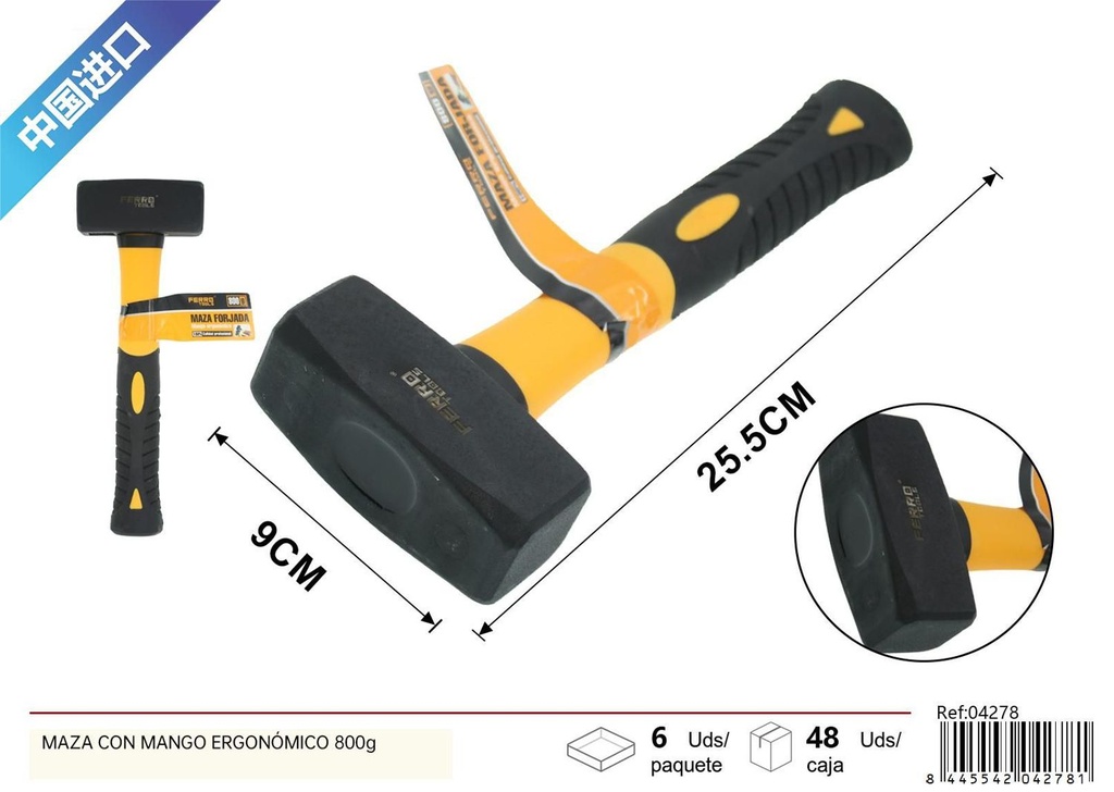 Maza con mango ergonómico 800g para construcción y bricolaje