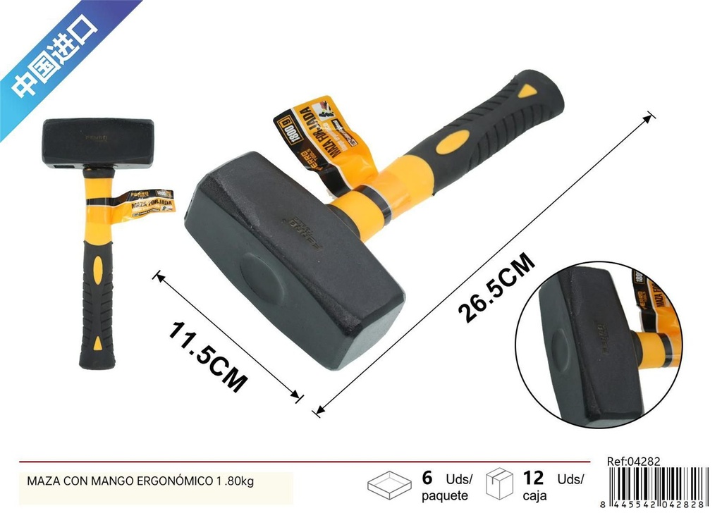 Maza con mango ergonómico 1.80kg para trabajos de construcción