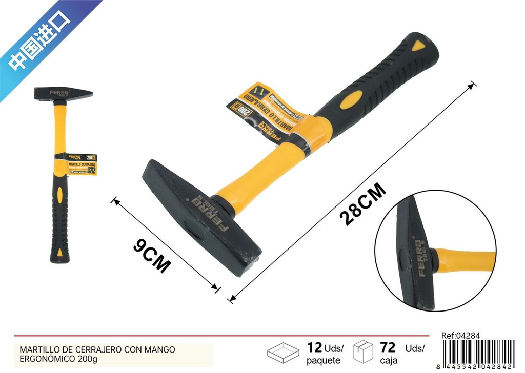 Martillo de cerrajero con mango ergonómico 200g para bricolaje