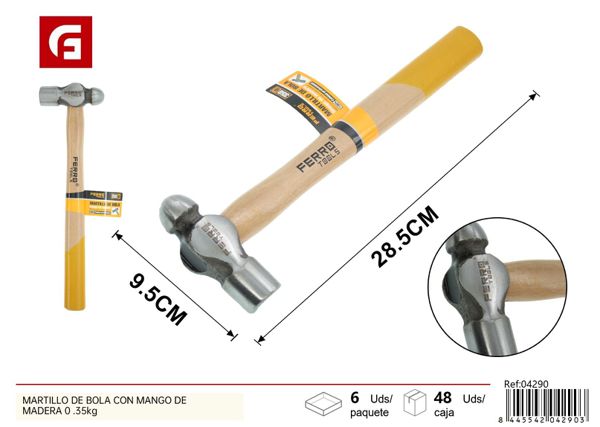 Martillo de bola con mango de madera 0.35kg para carpintería y construcción