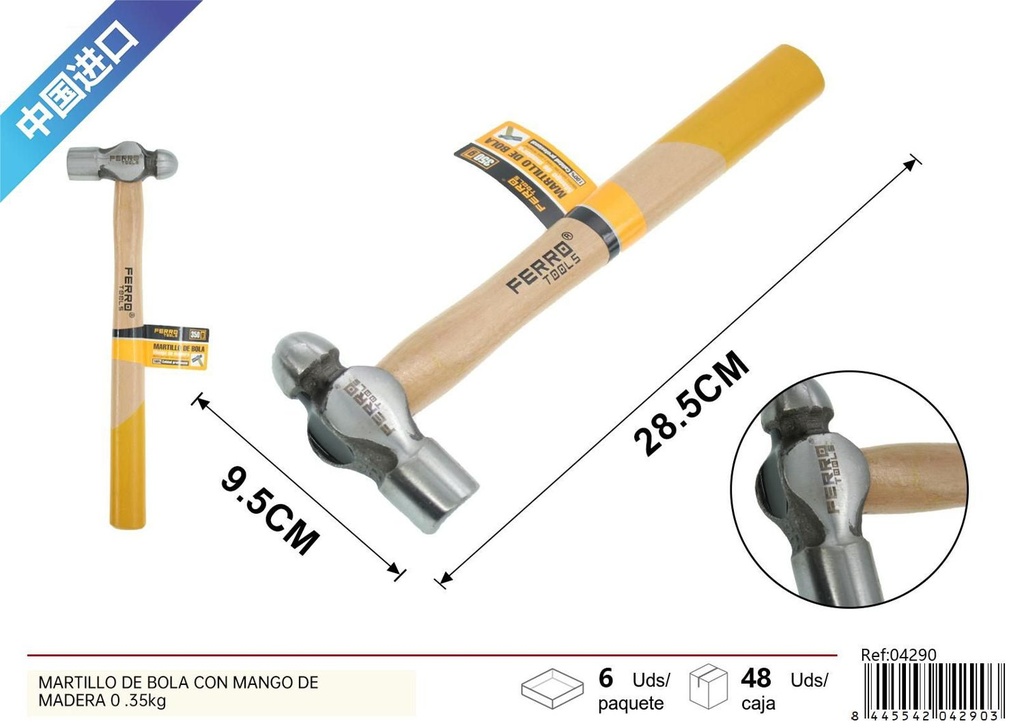 Martillo de bola con mango de madera 0.35kg para carpintería y construcción