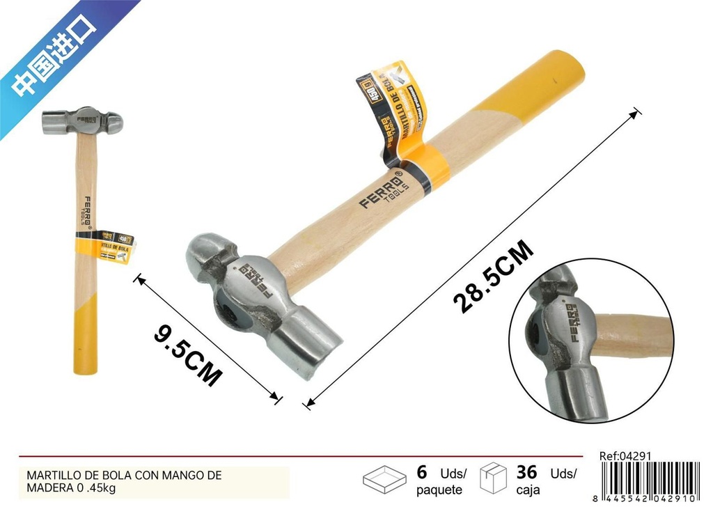 Martillo de bola con mango de madera 0.45kg